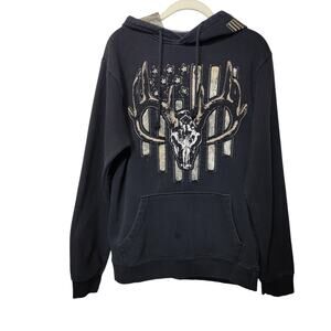 Buck Wear Mens Unisex Sz M Black Hooded Sweatshirt Deer Antlers Realtree Camo